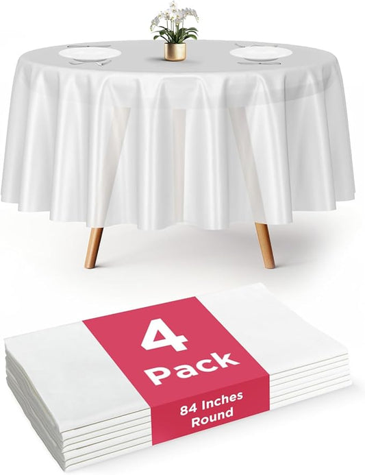Prestee 4-Pack 84-Inch White Round Plastic Tablecloth Disposable - Durable Waterproof Table Covers for Weddings, BBQ, Parties, Outdoor Events - Elegant White Plastic Tablecloths Round for Any Occasion