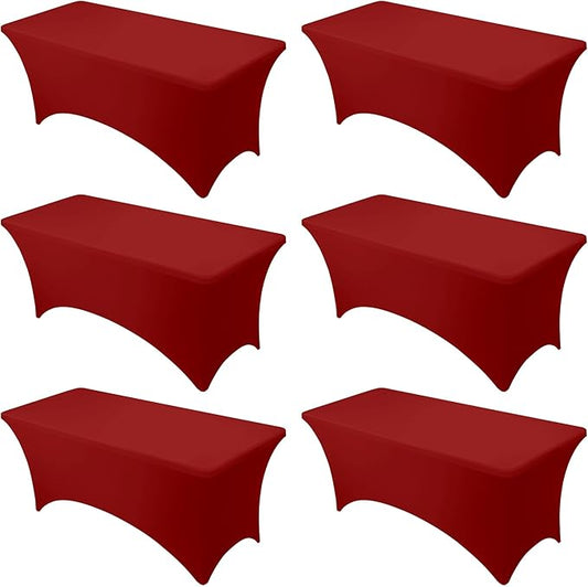 6-Pack Premium Red Spandex Tablecloths for 6ft Rectangle Tables, Stain & Wrinkle-Resistant, Washable Stretch Polyester Fitted Table Cover for Weddings, Banquets, Trade Shows Events