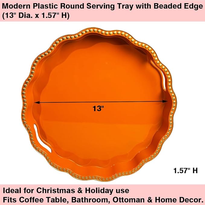 Orange Decorative Tray for Coffee Table, Wavy Scallop Beaded Plastic Serving Tray forKitchen Counter, Ottoman, Living Room, (13")