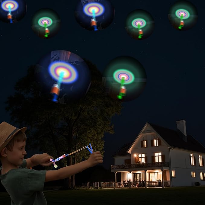 50 Pcs LED Flying Set, Flying Rocket Copters Outdoor Game Toys Glow in The Dark Party Supplies Party Favors for Kids 8-12,4-8, 25 Slingshot+25 Glow Helicopter