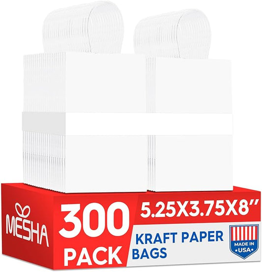 MESHA Gift Paper Bags 300 PACK 5.25x3.75x8'' White Small Shopping Kraft Bags Bulk with Handles Reusable for Business Grocery Birthday Wedding Kids Party Favors(Made in USA)