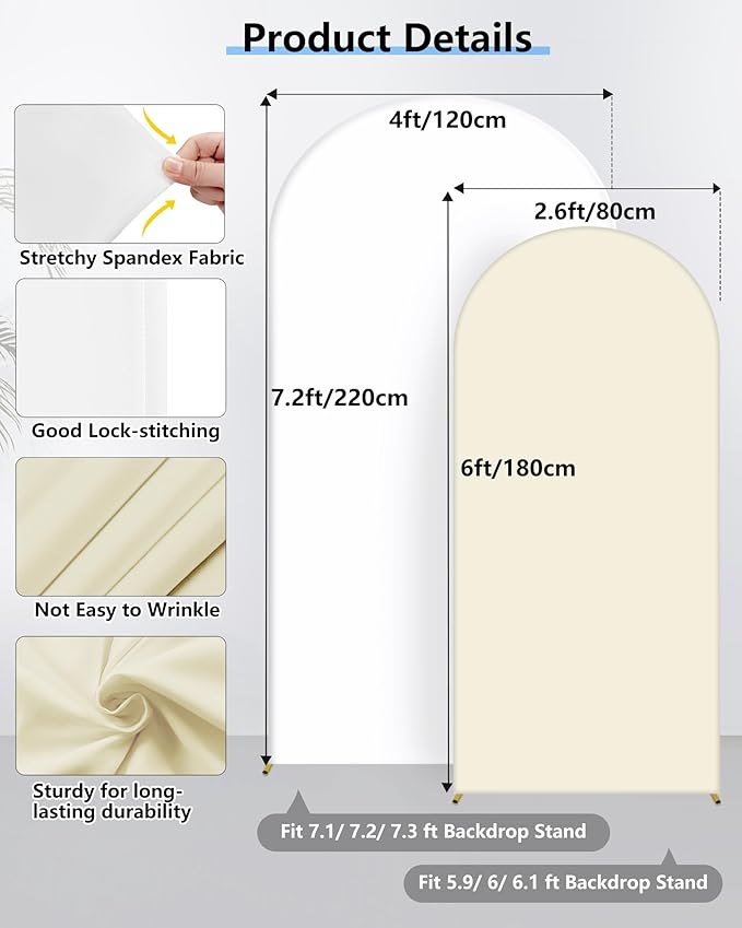 Hemmotop Double Color Wedding Arch Backdrop Cover, Set of 2 (7.2ft, 6ft), 2 Sided Stretchy Spandex Fitted Balloon Arch Stand Backdrop for Birthday Party, Baby Shower, White and Light Beige
