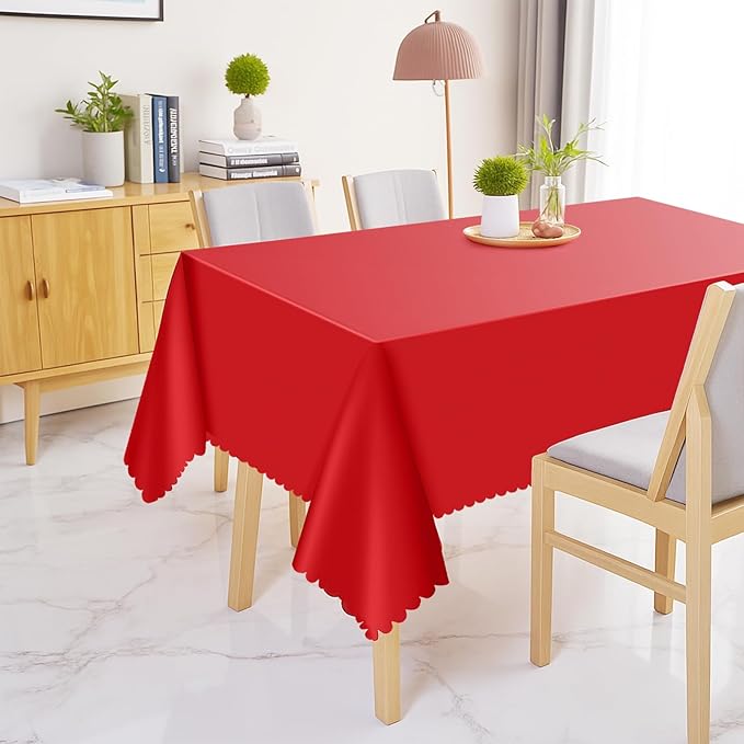 6 Pack Red Plastic Tablecloths, 54 x 108 inch Christmas Scalloped Tablecloths Disposable Red Table Cloths for Rectangle Tables Waterproof Table Covers for Christmas Wedding Anniversary Party