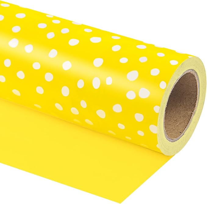 WRAPAHOLIC Reversible Wrapping Paper - Mini Roll - 17 Inch X 33 Feet - Yellow and Delicate Polka Dots Design for Birthday, Holiday, Wedding, Baby Shower