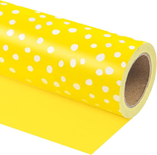 WRAPAHOLIC Reversible Wrapping Paper - Mini Roll - 17 Inch X 33 Feet - Yellow and Delicate Polka Dots Design for Birthday, Holiday, Wedding, Baby Shower