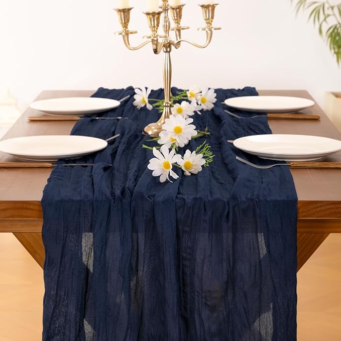 Socomi Navy Blue Fall Thanksgiving Cheesecloth Table Runner Boho Rustic Gauze 120 inch 10FT Cheese Cloth Runner for Wedding Party Baby Shower Birthday Home Decor Holiday Decorations