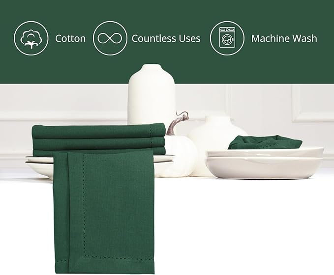 PurpleEssences Set of 12 Hemstitch Cloth Dinner Napkins 100% Cotton - Soft Durable Washable - Ideal for Wedding Fall Thanksgiving - Perfect Everyday Use Table Linen 18x18 - Forest Green