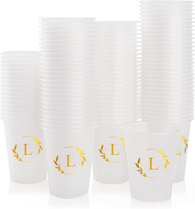100 Monogrammed Cups Disposable Initial Plastic Cup 12 oz Wedding Personalized Cup for Wedding Reception Baby Shower Birthday Party(Letter L)