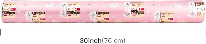 WRAPAHOLIC 30 Inch Jumbo Reversible Christmas Wrapping Paper - 30 Inch x 100 Feet Jumbo Roll Pink House and Solid Pink Wrapping Paper with Metallic Foil Shine for Chrsitmas, Holiday, Party