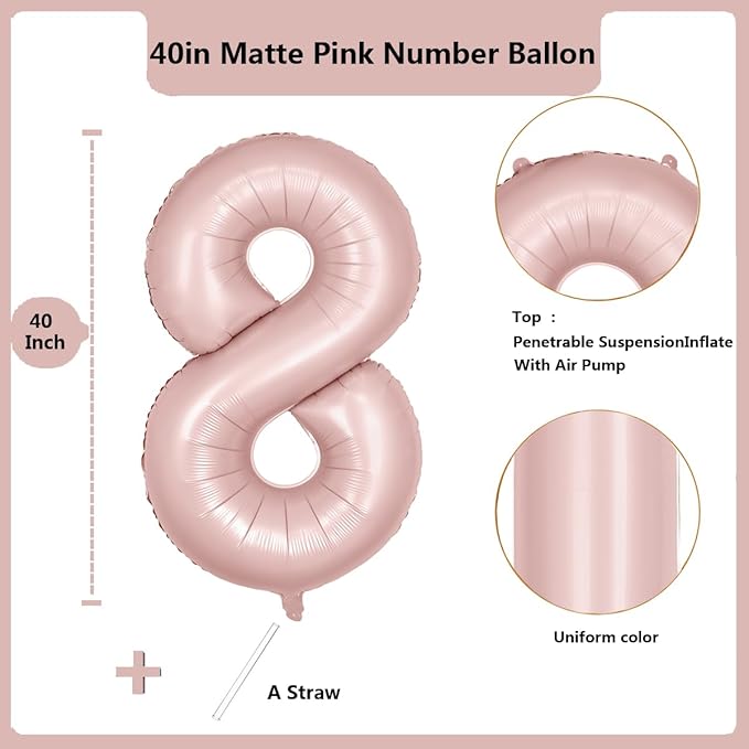 40 inch Pink Number Balloon Light Pink 8 Balloon Matte pink Number 8 Balloon for 8th Birthday Party Decorations