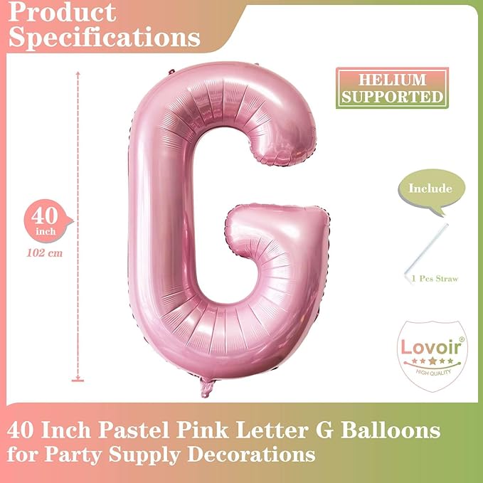 Pink Letter G Balloons - 40 Inch Pastel Pink Letter Balloons G Foil Mylar Helium for Birthday Party Supplies Anniversary Event Celebration Decorations Alphabet G
