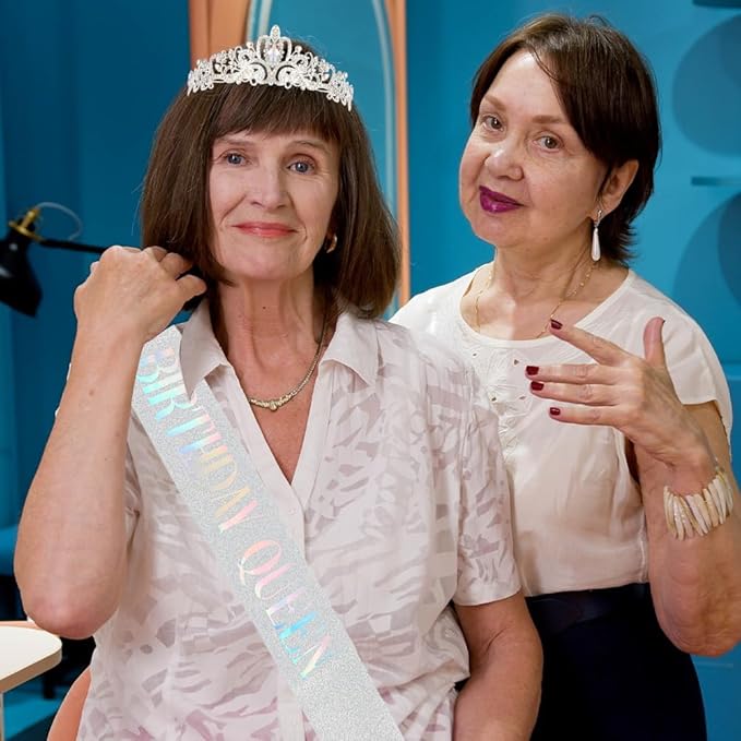 AOPRIE Birthday Queen Sash & Tiara, Silver, 2 Pack, Women & Girls, Classic Design, Rhinestone Embedded, Adjustable, 5.5 Inch Length, 60 Inch Sash