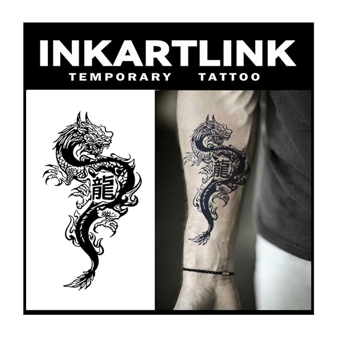 INKARTLINK Tattoo Tech, 2 Sheets Large Semi Permanent Tattoo, Adult Art Design Temporary Tattoos, Lasts 1-2 Weeks, Waterproof, Realistic Look, No Adhesive, No Reflection (Chinese Dragon Design)