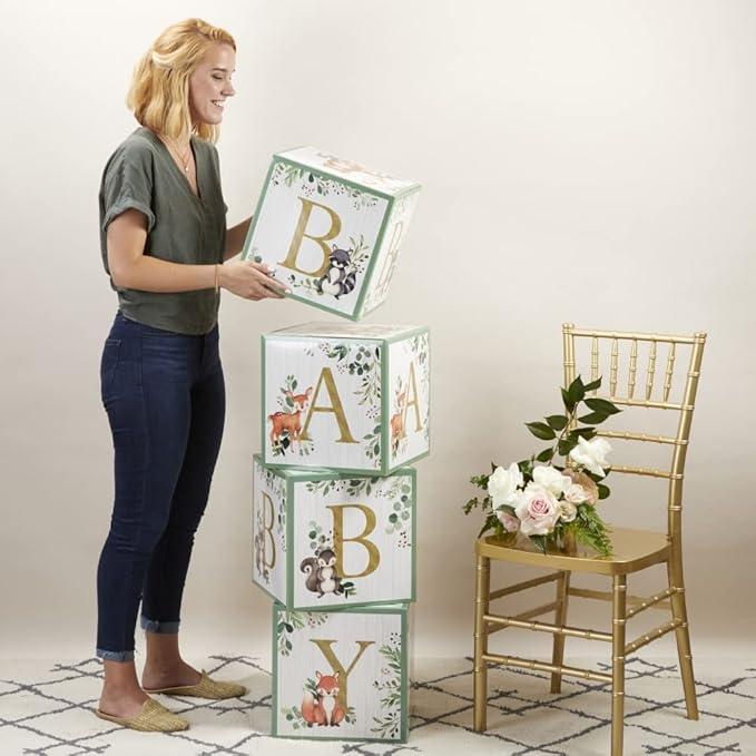 Kate Aspen Woodland Baby Boxes With Letters For Baby Shower Decorations, Gender Reveal Decoration, Photo Prop & Forest Animal Nursery Decor (Set of 4 Stackable Blocks Spells B-A-B-Y)