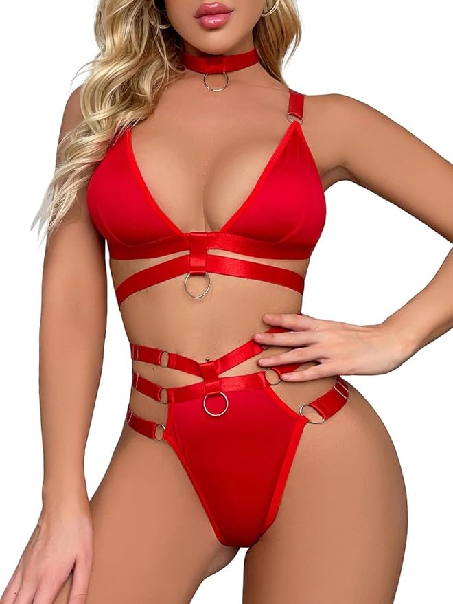 Lilosy Sexy Wireless Choker O Ring Linked Strappy Harness Lingerie Set Outfits 3 Piece