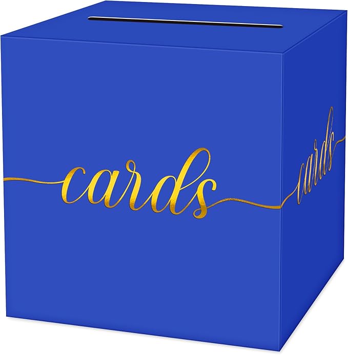 1 Pack Blue and Gold Foil Card Box for Party, 8.7" Blue Gift Card Box Money Box for Birthday, Wedding, Baby Shower, Retirement, Anniversary, Bridal Shower, Raffle Ticket