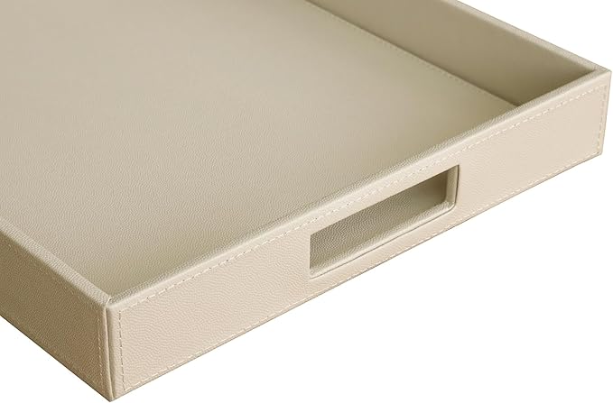 HofferRuffer Rectangle Serving Tray with Hole Handles for Coffee Table, Breakfast, Tea, Food, Butler - Countertop, Kitchen, Vanity Serve Tray, 16.2 x 12.2 x 2 inches, Faux Leather (Dark CreamWhite)