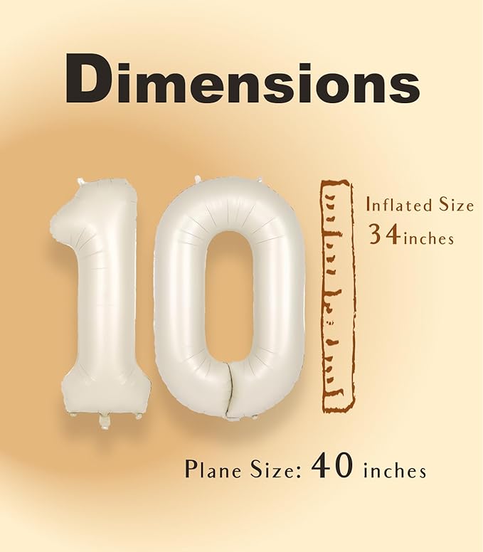 SUWEN 40 Inch Cream White Large 10 Balloon Numbers Big Foil Helium Number Balloons 0-9 Jumbo Happy 10th Mylar Birthday Party Decorations for Boy or Girl Anniversary Party Supplies