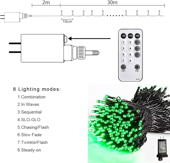 MEHOFOND 105ft 300 LED String Lights - Green LED, 8 Modes, Waterproof, Plug-in, Indoor/Outdoor, Christmas & Halloween Decorations