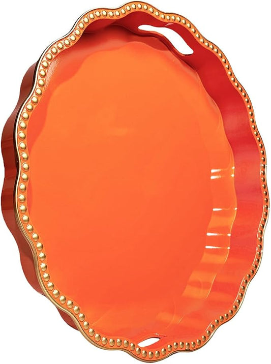 Orange Decorative Tray for Coffee Table, Wavy Scallop Beaded Plastic Serving Tray forKitchen Counter, Ottoman, Living Room, (13")