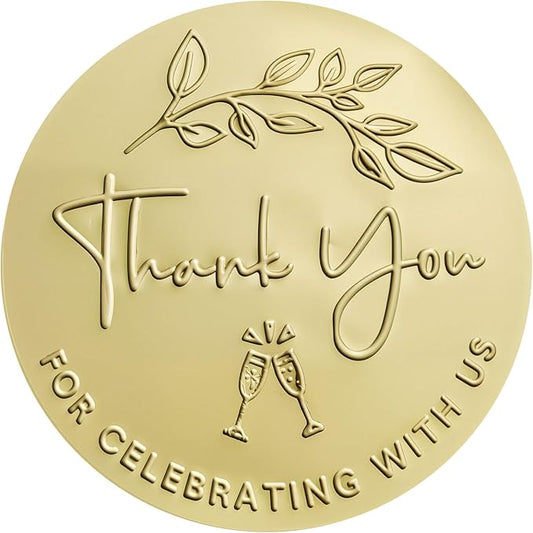 100 x Embossed Wedding Stickers Thank You for Celebrating with Us Favor Tags Party Favor Labels Gold Foil Embossed Round Sticker Tags Metallic Foil Wedding Decor 1.6 inch