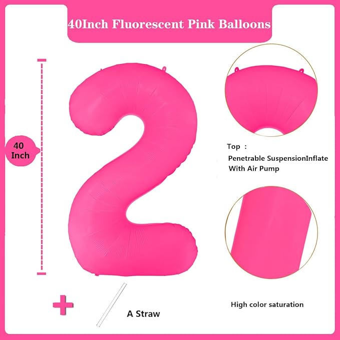 Fluorescent Rose Red Number Balloon 40 inch Giant Foil Helium Balloons Pink Number 2 Balloon for 2nd Birthday Party Decorations