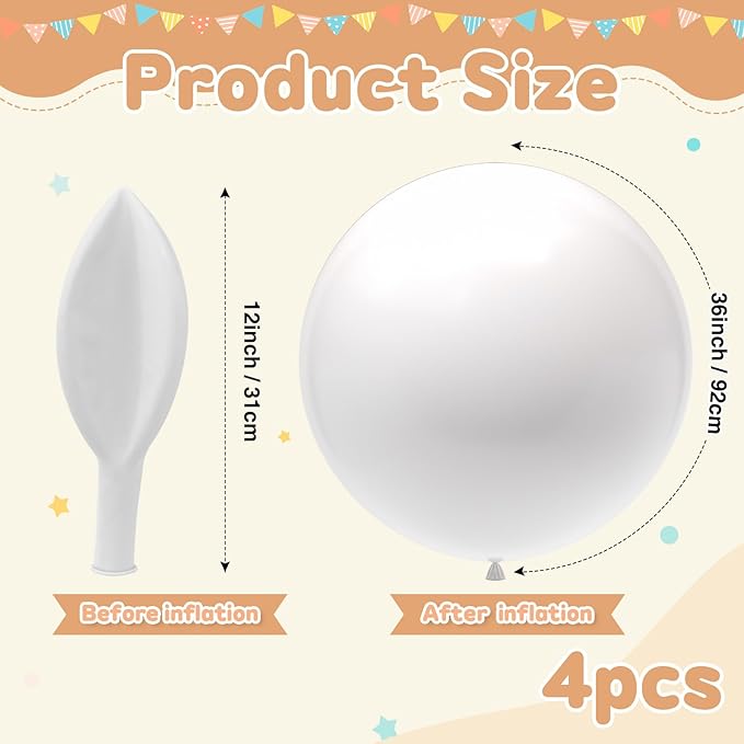 Giant 36 inch Balloons, 4pcs Large White Jumbo Balloons for Wedding, Party & Baby Shower Decorations