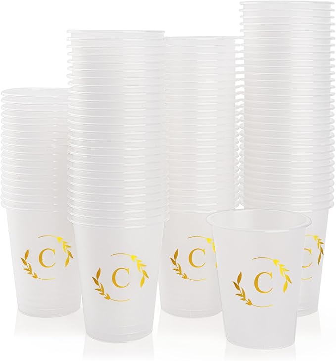 100 Monogrammed Cups Disposable Initial Plastic Cup 12 oz Wedding Personalized Cup for Wedding Reception Baby Shower Birthday Party(Letter C)