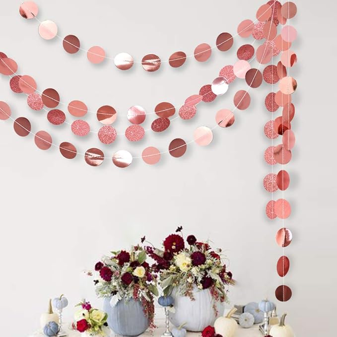 Cheerland Glitter Rose Gold Circle Dot Garland for Rose Gold Party Decorations Hanging Banner Streamer Backdrop Decor Birthday Bday Bridal Shower Bachelorette Ramadan EID Graduation Party Supplies