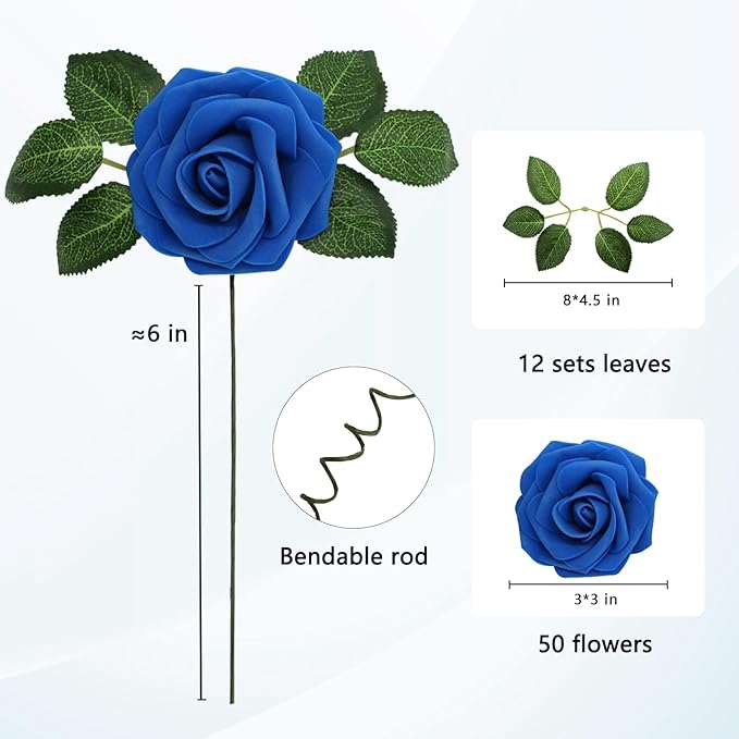 JOYLEX Artificial Flowers Realistic Roses, 50pcs Real Looking Fake Roses with Stem for DIY Wedding Bouquets Centerpieces Bridal Shower Party Home Romantic Decorations (Regular 3" - 50pcs, Blue)