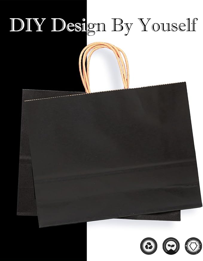 qiqee 13"x4.5"x10" Large Gift Bag with Handles Bulk 100PCS Gift Paper Bags Black Bags Multiple Uses (Wide Large)