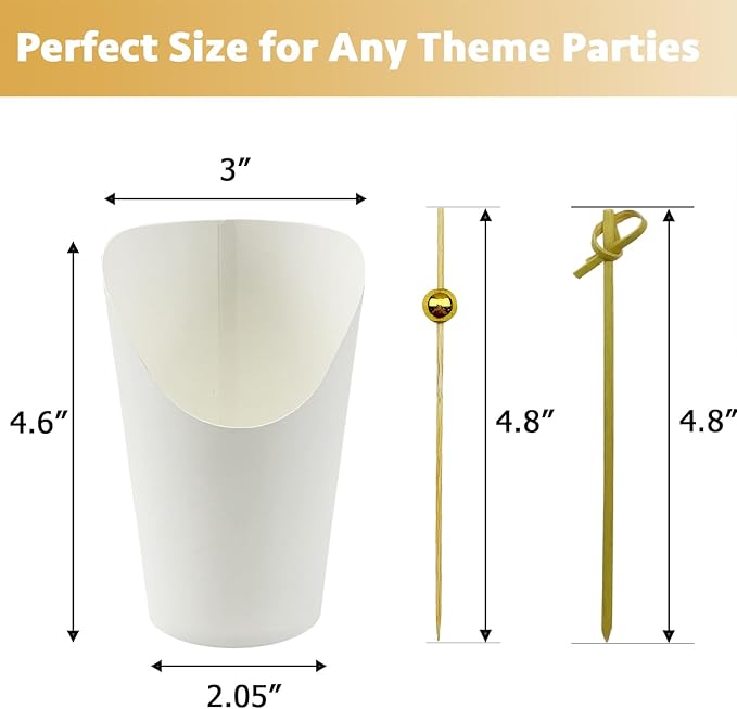 CAMKYDE 50 Charcuterie Cups + 200 Cocktail Picks + 56 Labels, 12 oz Disposable Charcuterie Cups with Sticks (2 Types), French Fry Cup White Paper Appetizer Cup for all Occasions（White）