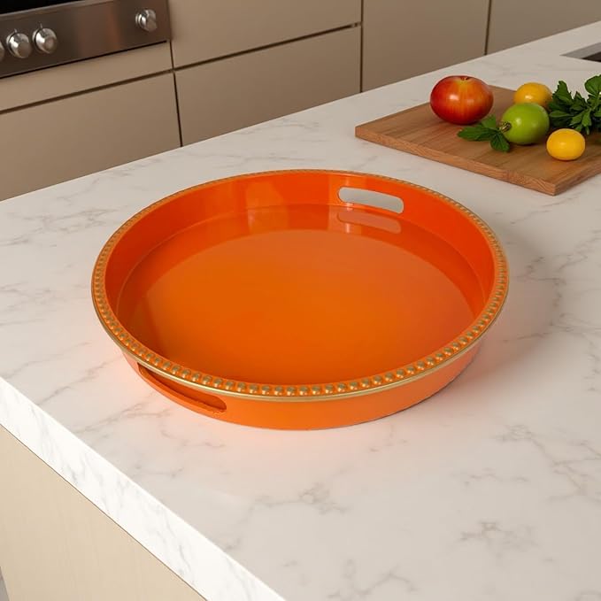 Orange Decorative Tray for Coffee Table, Round Beaded Plastic Serving Tray forKitchen Counter, Ottoman, Living Room,(13")