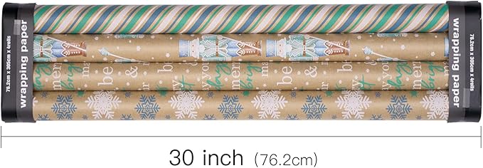 RUSPEPA Christmas Kraft Wrapping Paper - Nutcracker Soldier, Snowflake, Stripe and Text Design - 4 Rolls - 30 inches x 10 feet per Roll