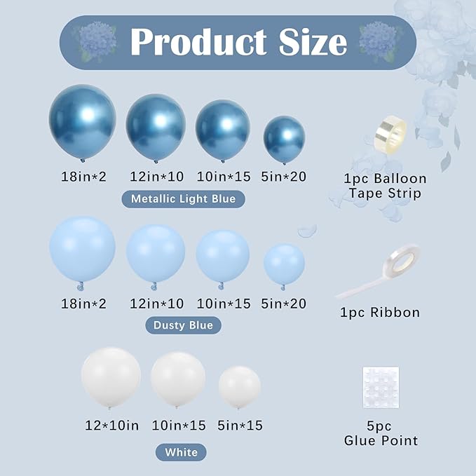 Dusty Blue Balloon Arch Kit, 134pcs Metallic Blue and White Balloons Garland Kits for Birthday Wedding Baby Shower Bridal Party Anniversary Decorations