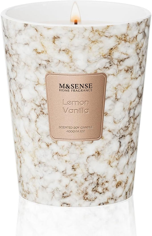 M&SENSE Lemon Vanilla Scented Candles for Home, 3 Wick Highly Scented Jar Candle, 14.1 Oz 80H Long Lasting Burning Christmas Candle for Women, Aromatherapy Candles for Holiday Christmas Gift