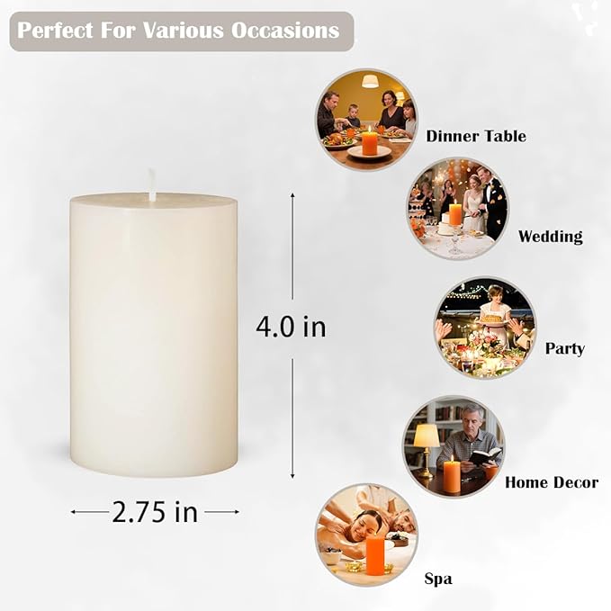 6 Packs Dripless Ivory Pillar Candles, Unscented 2.75x4 Inch Cylinder Wax Candles for Home Table Holiday Party Spa Decor Emergency