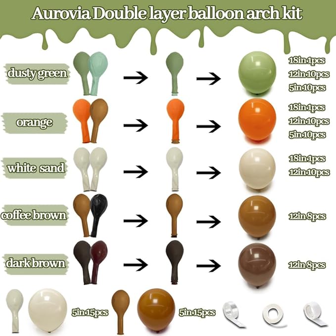 Green Orange Brown Balloon Garland Double Stuffed Dusty Green Dark Brown Balloons White Sand Coffee Fall Balloon Arch Kit for Birthday Woodland Baby Shower Dinosaur Autumn Theme Party Decoration