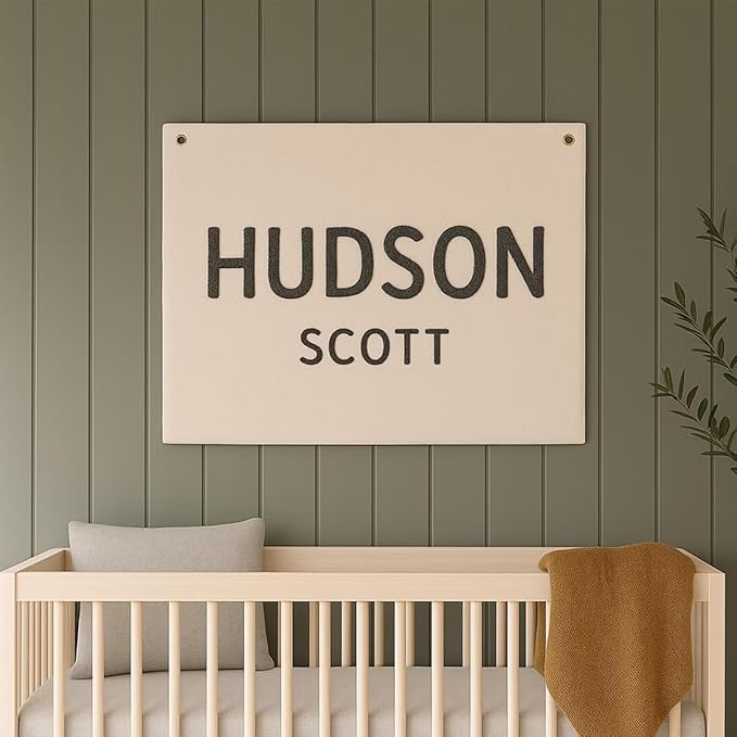 Personalized Baby Name Embroidered Banner, Custom Hand Embroidered Canvas Wall Hanging, Customized Nursery Name Sign Flag Pennant for Kids Room Baby Shower Birthday Party Gift Backdrop Boho Decor