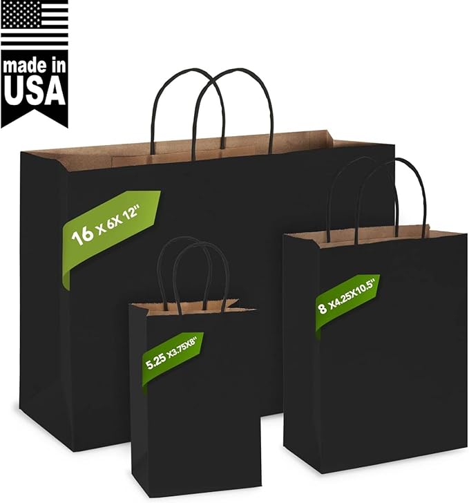 MESHA Large Gift Bags 16x6x12 Inch 50pcs, Black Paper Bags With Handles Bulk,Kraft Shopping Bags Reusable for Small Business,Merchandise,Retail,Grocery,Birthday,Kids Party,Favors
