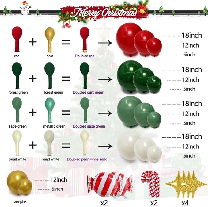 Christmas Red and Green Balloon Garland Arch Kit Pearl White Gold Foil Candy Cane Balloons With Gold 4-Point Star Balloons For Christmas Party Decorations