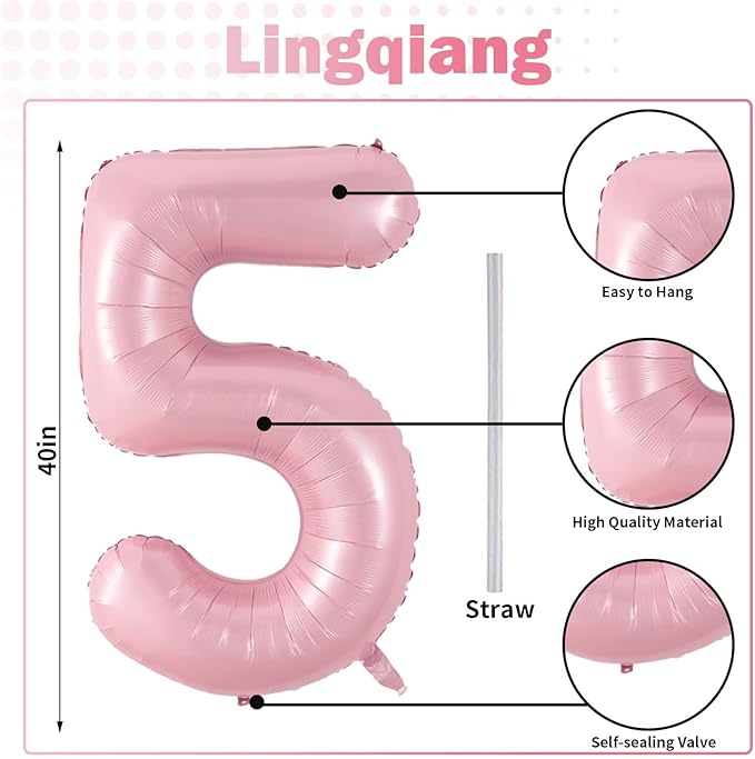 Light Pink Balloon Number 5, 40 Inch Large Self Inflating Foil Number Balloons 0-9, Pastel Pink Digital 5 Helium Balloon for 5th Girls Women Birthday Party Graduation Anniversary Decorations