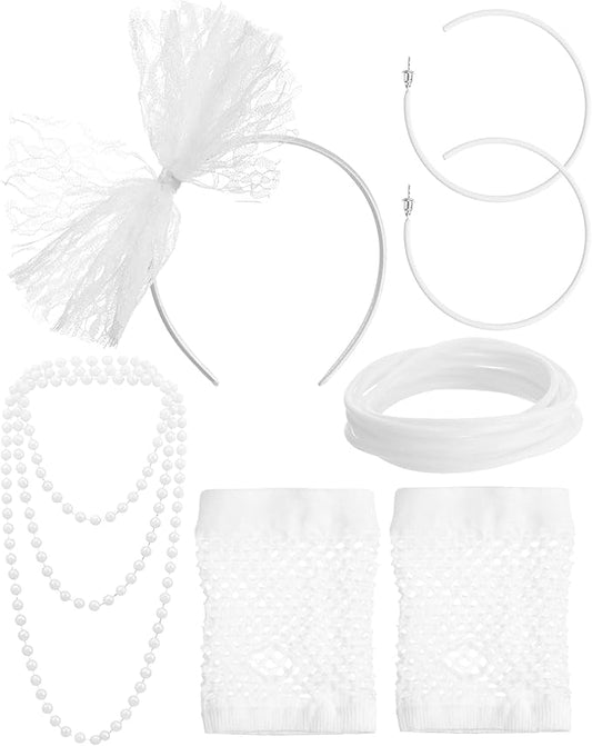 Blulu 80s Costume Accessories for Women Lace Headband Earrings Fishnet Gloves Necklace Bracelet for 80s Retro Party