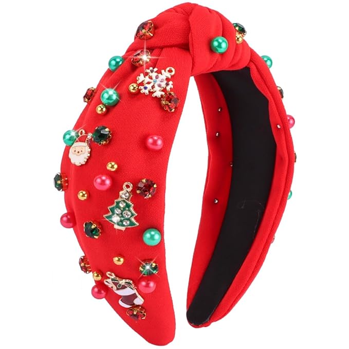 TODDER Red Christmas Knotted Headband, Santa Trees Embellished Pearl Rhinestone Headband for Women and Girls Christmas Hair Accessories Costumes and Gifts for Themed Parties and Holiday