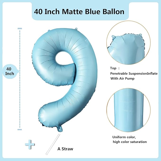 40 Inch Matte Blue 9 Number Balloons Light Blue Number 9 Foil Balloon Mylar Helium Balloon for Birthday Party Decoration Wedding Anniversary Supplies (Number 9)