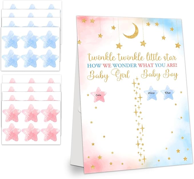 Gender Reveal Party Games, Twinkle Little Star Theme Baby Gender Reveal Voting Board Sign, 48 Boy Girl Voting Stickers, He or She, Baby Gender Reveal Party Decorations Games for Boy or Girl Shower
