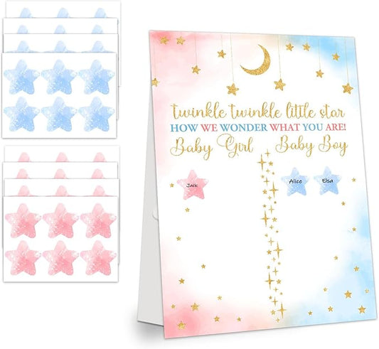Gender Reveal Party Games, Twinkle Little Star Theme Baby Gender Reveal Voting Board Sign, 48 Boy Girl Voting Stickers, He or She, Baby Gender Reveal Party Decorations Games for Boy or Girl Shower