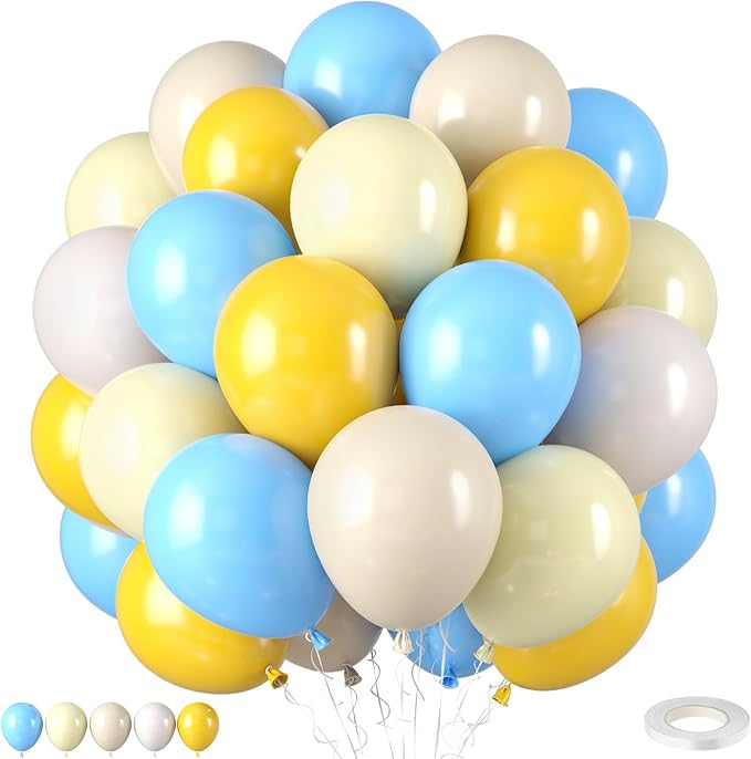 Blue and Yellow Balloons,50PCS 12 Inch Pastel Blue lemon Yellow Sand White Balloons for Birthday Baby Shower Bridal Shower Wedding Party Decorations