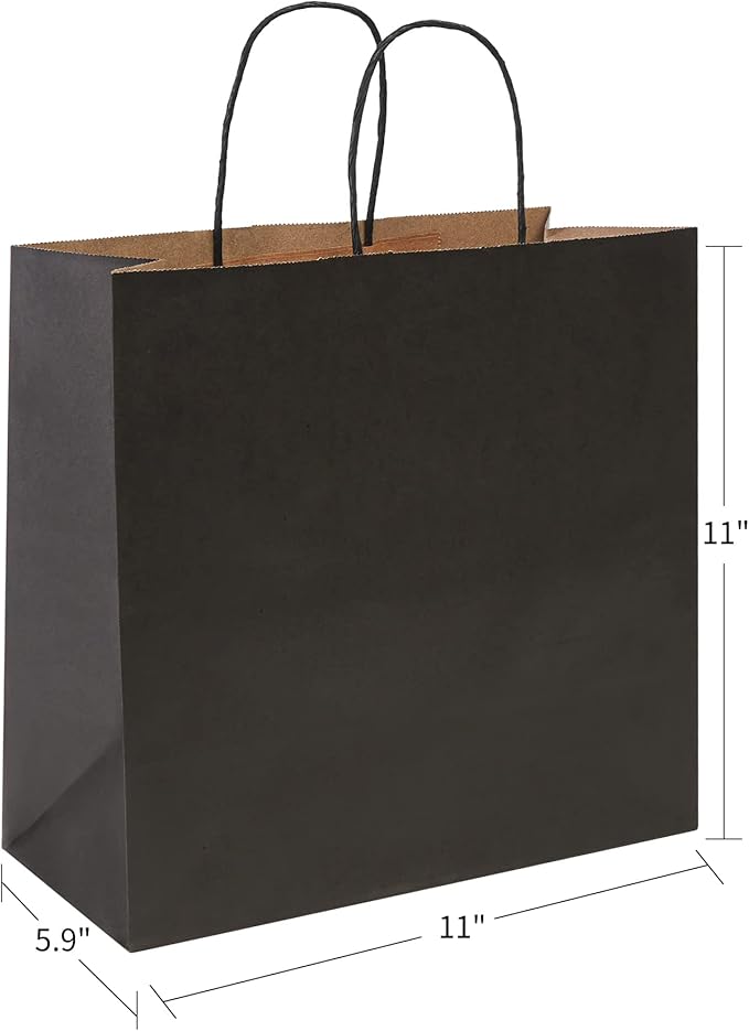 PAICUIKE 100Pcs Black Kraft Bags with Handles, 11x6x11 Inch Square Gift Bags for Retail, Shopping, Party Favors, Father’s Day, Events & Small Business | Sturdy & Versatile