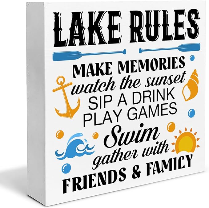Summer Lake Decor Lake House Wood Block Sign Lake Rules Decorations for Home Desk Table Shelf 5 x 5 Inches